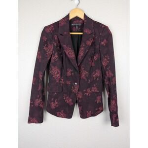 White‎ House Black Market Blazer Womens 2 Burgundy Floral Jacquard Dressy Jacket